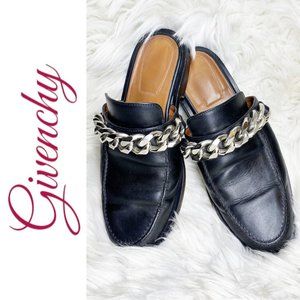 GIVENCHY Classic Minimalist Black Leather Chain Link Slide Mule Loafer, Size 8